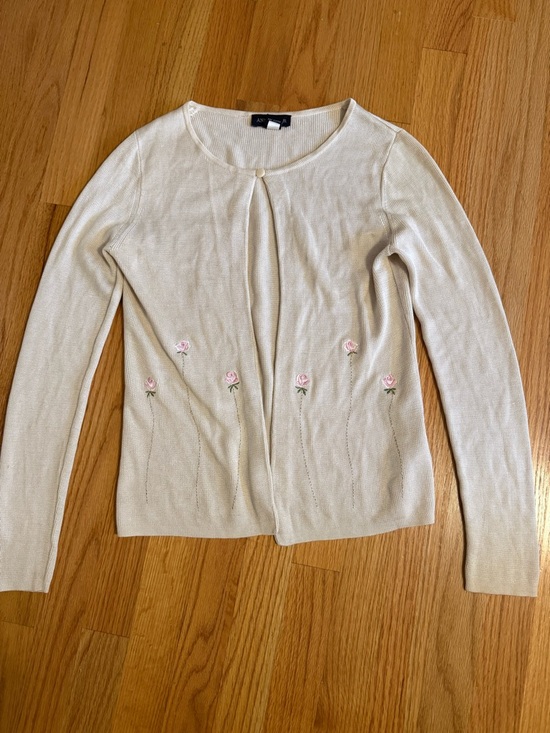 Ann Taylor Sweaters - Vintage Ann Taylor Cream Cardigan with Pink Rose Embroidery